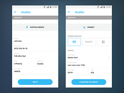 ModMix (Checkout) android checkout credit card ecommerce form graphic design mobile payment paypal ui ux wallet