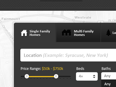 Single Family Homes dropdown homes map price slider real estate tabs ui