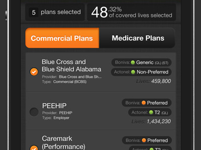Commercial Plans app insurance plans iphone medical mobile percentage select toggle
