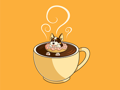 Pup in a Cup autumn branding café cartoon coffee corgi decafe dog donut espresso fall graphic design hot tub illustration latte pastry puppy sticker sweets vector art