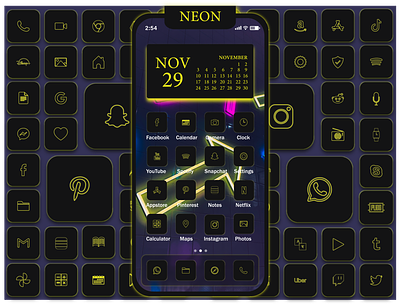 Yellow Neon App Icons aesthetic cute cyberpunk fluorescent glow icon icondesign icons ios iphone logo logodesign logos minimal neon neonart neonlights neonvibes retro ui