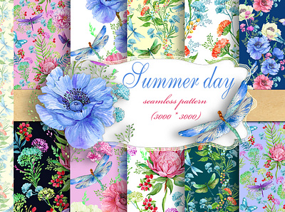 Flowers and dragonflies.Seamless digital paper patterns animal graphic design illustration pattern sea seamlles