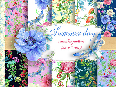 Flowers and dragonflies.Seamless digital paper patterns