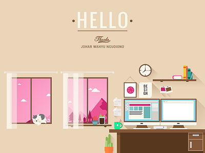 Hello dribbble first shot desk first shot flat icon office room work