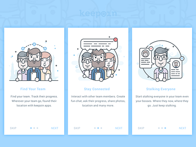 Keepoin Onboarding android app avatar characters chat illustration intro map onboarding stalking team welcome