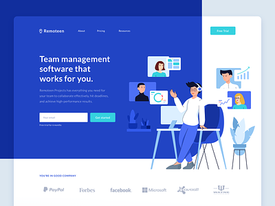 Remoteen Landingpage app branding character chat clean dashboard ui design homepage illustration landing page ui landingpage mobile people project management remote work startup task management typography ui video conferencing