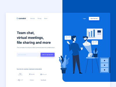 Connaksi Hero Landingpage business chat app clean hero image homepage illustration landing design landingpage minimal sharing startup video conferencing webdesign website design