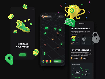 Triffic app 3d augmented reality coins crypto dark mode dark ui map mapbox rewards app