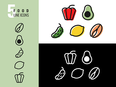 Linear icons of healthy food products app avocado cucumber design food fruit health icon lemon line logo natural organic paprika products salmon sign symbol vegetables vitamin