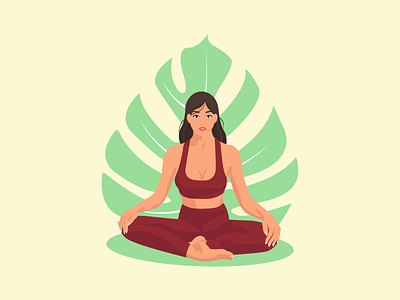 Yoga, girl in the lotus position body harmony illustration lifestyle relaxation tropical leaves unity with nature