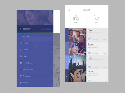 Drink Mate app app blue cart design drink mate flat list purple ui ux