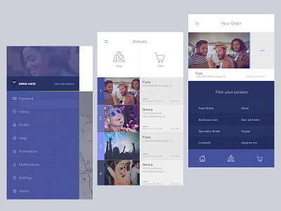 Drink Mate app app blue design flat ios list menu purple ui ux