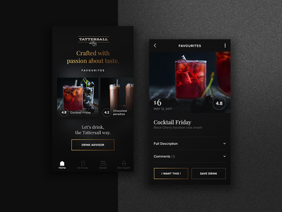 Tattersall app - home page and product page concept app concept dark drinks gold ios tattersall