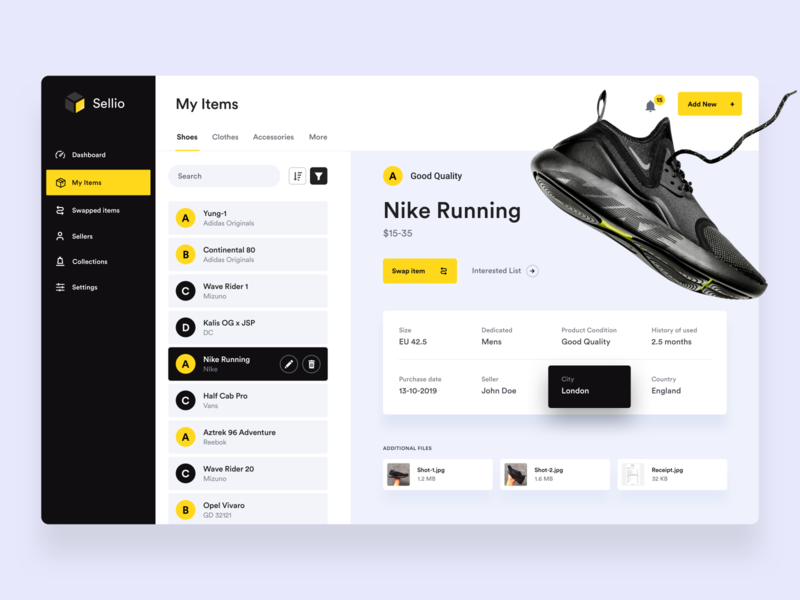 Sellio - Your Items clothes dashboard ecommerce flat manage nikes products sellio shoes swap ui ux