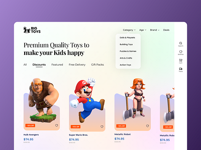 Big Toys - Kids Toys Shop Exploration 🛒 3d ecommerce glass gradient header kids landing page marketplace minimal motion graphics shopping toddler toy store toy web toys toys ecommerce ui uiux ux web design