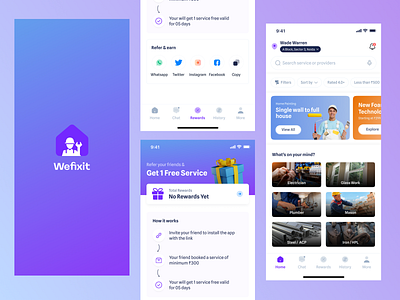 WeFixIt: Home Service App (UI/UX Design) 3d app concept carpentry clean design electrician home home services logo minimal mobile app on demand services painter premium services repairing services service technical service ui uiux ux