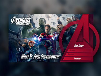 Avengers Recruitment Page avengers dribbble join now page re design recruiting shot signup superpowers ui