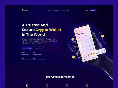 Crypto Wallet Landing Page bitcoin clean crypto crypto wallet landing page crypto website cryptocurrency currency dark exchange hero section landing page marketplace minimal money nft trading ui ux wallet website
