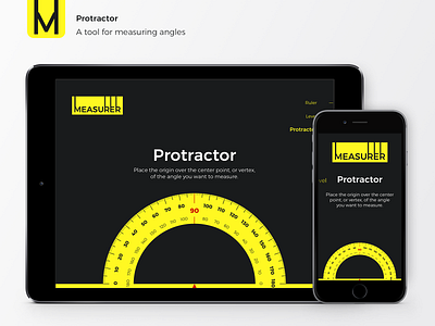 Measurer - App for iPad and iPhone dark dark app dark ui design ios ipad iphone level measure measurement measurer measuring protractor ruler ui ui design yellow logo