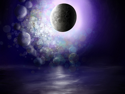 Moonlight design digital illustration moon night painting planets purple reflection sky solar system water waves