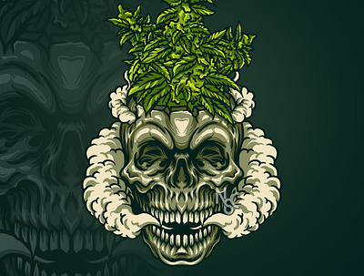 SKULL THINKING WEEDS cannabis character full moon halloween halloween party horror illustration marijuana monster moon skeleton skull smoke spooky tombstone vape weed weed leaf weed lovers zombie