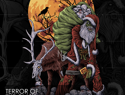 Terror Of The Claus christmas clothing dark dark art deer full moon halloween horror illustration monster moon nft nft art nft creator santa skull spooky zombie zombie deer zombie santa