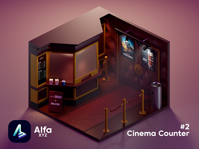 Cinema Counter 3d 3dart 3dblender art blender blender3d cinema cinema counter diorama illustration isometric isometric art low poly movie popcorn soda