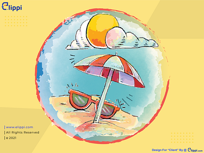 Watercolor Umbrella and Cloudy Beach Illustration