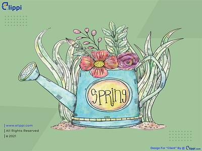 Watercolor Spring Flowers and Water Pot Illustration Done For Cl