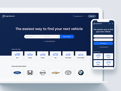 EngineSearch Homepage automobile cars homepage icons mobile design mobile ui responsive design search ui