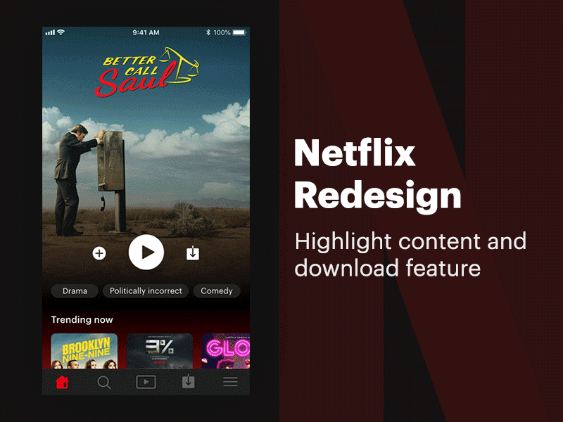 Netflix Redesign | Highlight content and download feature app download flinto interaction ios mobile motion netflix product ui video