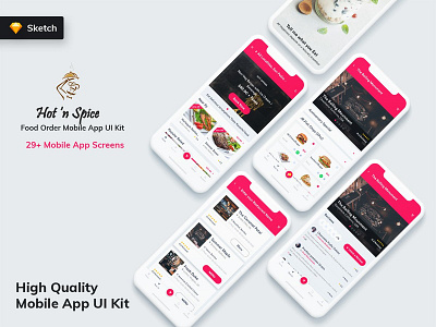 Hot & Spice - Food Order Mobile App UI Kit (Sketch) android app booking food foodorder hotel ios iphonex mobileapp online order restaurant