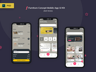 Furniture App UI Kit Dark Version analyze android darkversion furniture ios mobileapp products sales shop statistics uikit