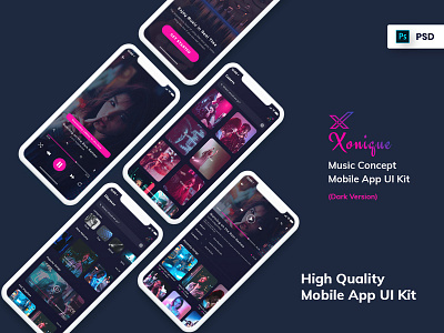 Xonique-Music Mobile App UI Kit Dark Version analyze android darkversion entertainment ios mobileapp music player statistics trending uidesign uikit