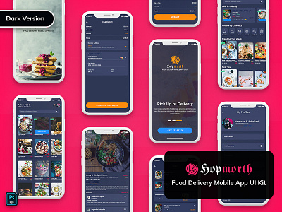 Hopmorth-Restaurant Mobile App UI Kit Dark analyze android food ios lightversion mobileapp order restaurant statistics trending uidesign uikit