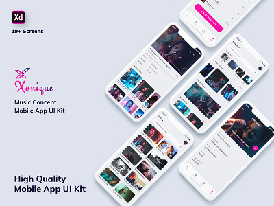 Xonique-Music Mobile App UI Kit Light Version (XD) analyze android entertainment ios lightversion mobileapp music player statistics trending uidesign uikit