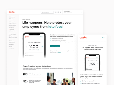 Gusto Cash Out landing page activation bank banking benefits consumer employee feature finance financial fintech hr infographic landing page landing page design landing page ui mobile web product page savings small business value prop