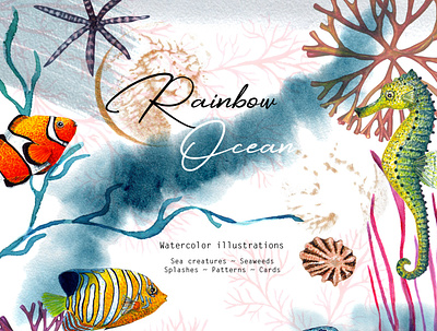 Rainbow Ocean banner branding collection coral design element fish graphic design illustration logo marine ocean poster realistic sea seahorse seaweed shell tropical watercolour