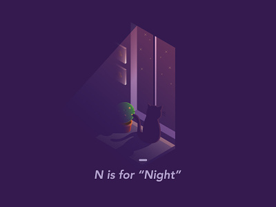 N is for "Night" cat isometric night pet vector window