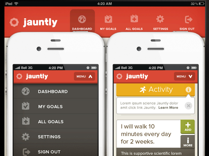 New Jauntly Nav photoshop website jauntly responsive navigation icons goals health flat menu web ios iphone