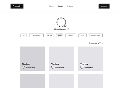 Low Fidelity Wireframe Of NFT Assets Page design experience ui ux