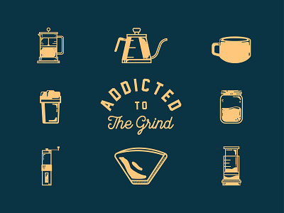 Addicted To The Grind branding coffee coffee cup flat grind grinder hand drawn icon manila merch design philippines retro typography typography logo vector