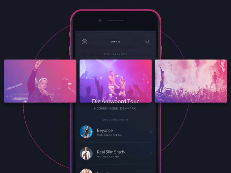 Music Popular Events android animation app design event gif music ui ui8 uikit ux