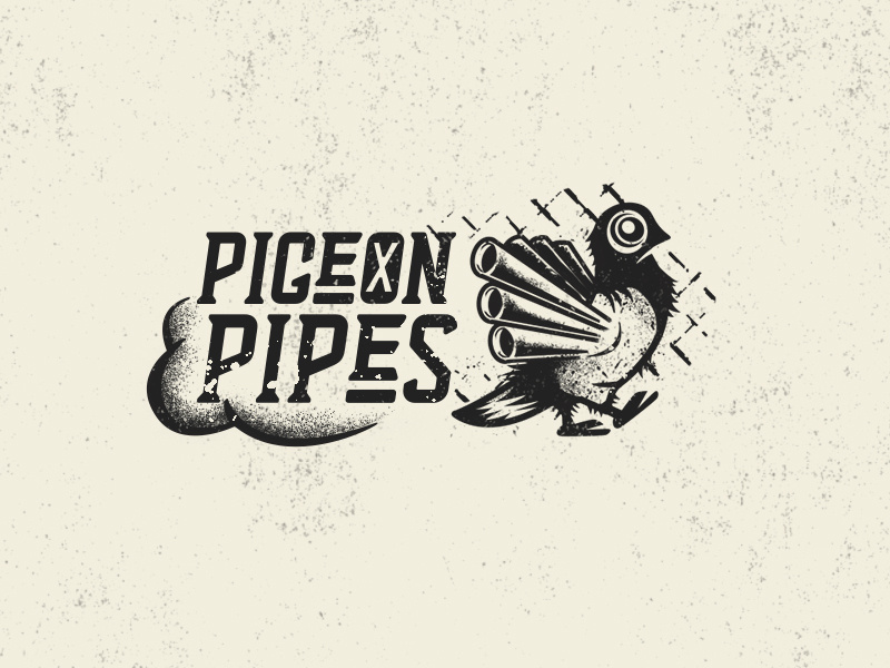 Pigeon Pipes Logo Concept distress letterpress wings pigeon muffler tubes pipes authenticity moorcycle illustration brand logo