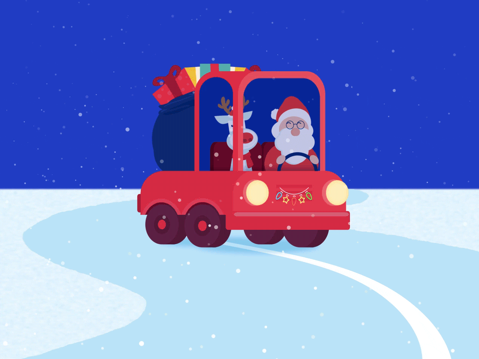 Waiting for Santa aftereffects animated gif car christmas cute fake3d gifts holiday loop presents raindeer redcar ride road santa shape layers winding winter