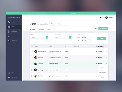 Dashboard Features Enabled crm dashboard drop down filter impersonate product design sketch ui ux visual design web website
