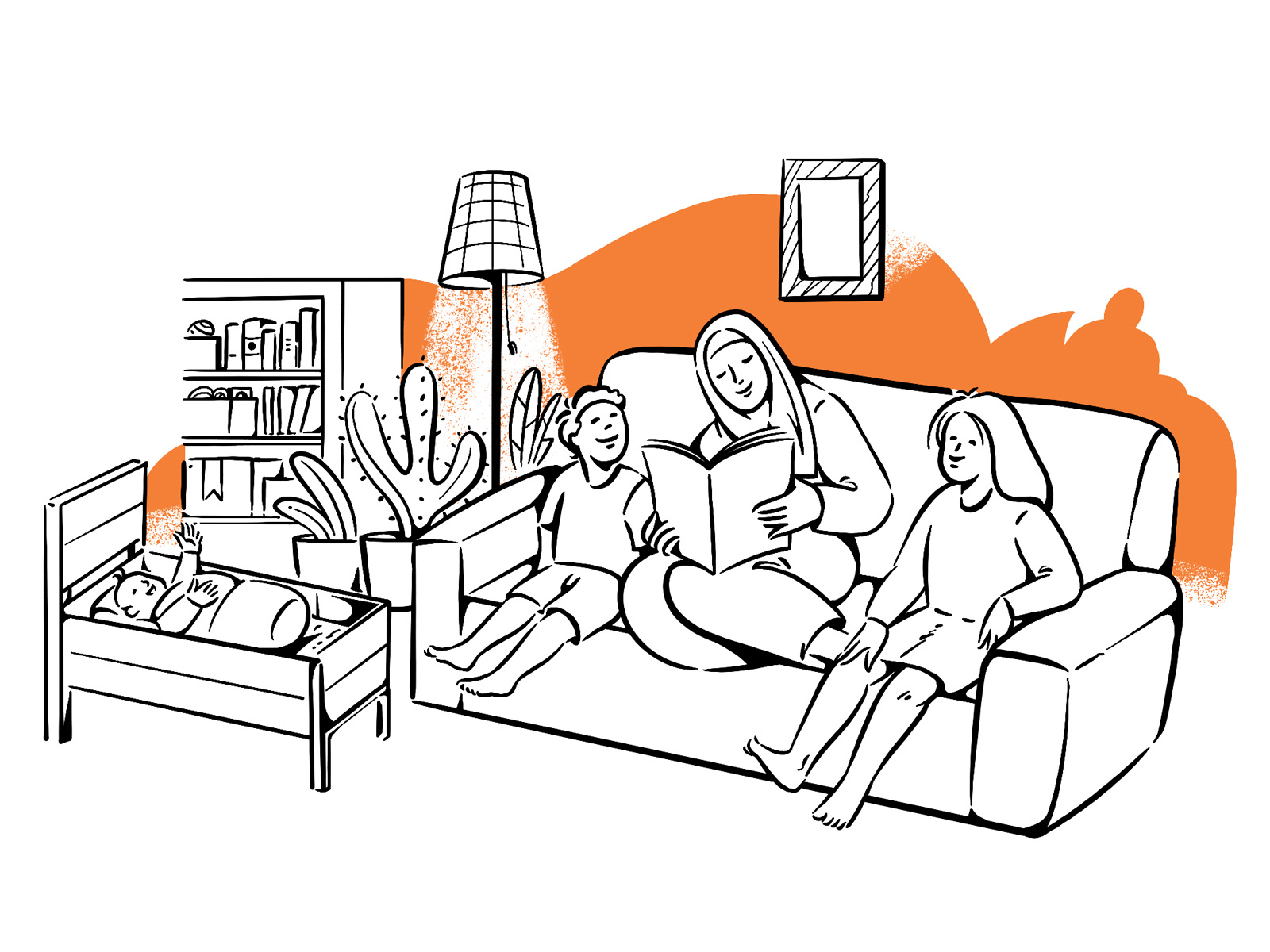 Line art drawing of family watching TV daily news program sitting on the  sofa at home in room Stock Vector Image & Art - Alamy