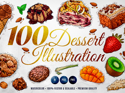 100 Dessert Watercolour Illustration cake chocolate cookie delicious dessert drink food fruit ice cream illustration menu pastry sweet tasty watercolor