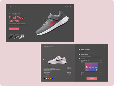 Dark theme. Nike retail online store Landing and order screens. design landing page ui ui design ui ux design ux web website