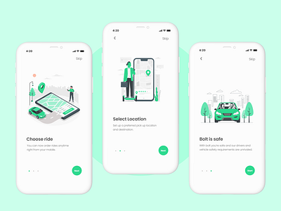 Onboarding screens, cab hailing service cab design illustration mobile ui ui ux design uiux ux